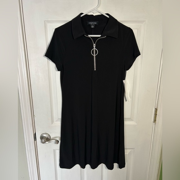 Perceptions Black O-Ring Collared 1/4 Zippered Shift Dress Size Small LBD - Picture 1 of 10